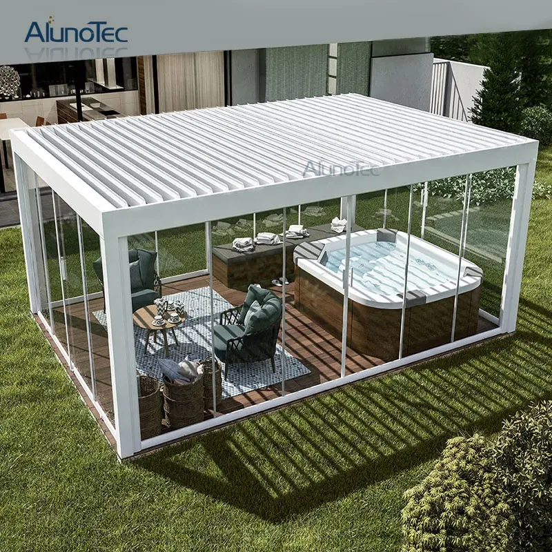 Moderne Automatische Patio Tuinhuisje Outdoor Bogen Bioclimatic Aluminium Pergola Opening Louvred Dak