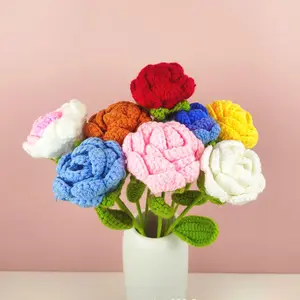 Hand-Knitted Flower Crochet Flower Bouquet Finished Handwoven Rose Flower  Home Wedding Decoration Valentines Day Gift Wholesale