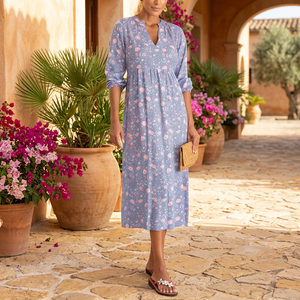Robe longue en rayonne à imprimé floral, élégante et modeste, pour femme, idéale pour le bureau |   Robe décontractée bohème à manches longues |   Robe trapèze à col en V - Product Image 4