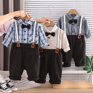 Conjunto <span class=keywords><strong>de</strong></span> Camisa a Cuadros y Pantalones con Tirantes para Bebé Niño, con Corbata <span class=keywords><strong>de</strong></span> Moño, para Niños <span class=keywords><strong>de</strong></span> 1 a 3 Años, Ropa Formal e Informal para Primavera y Otoño - Product Image 1