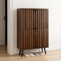 Meuble à chaussures moderne en noyer européen avec portes à lattes, 4 niveaux, pour entrée et salle à manger, design fin et peu encombrant, écologique