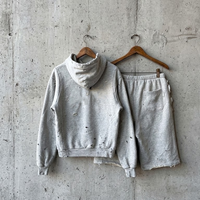 Ensemble de survêtement pour homme Finch Garment Streetwear avec sweat à capuche zippé double couche en tissu gaufré, patchs personnalisés et déchirures, et short de survêtement