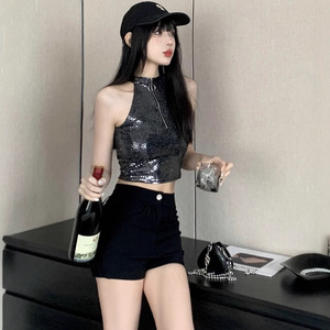 Completo Due Pezzi da <span class=keywords><strong>Donna</strong></span> Trendy: Top con Paillettes e Shorts Neri Sexy a Vita Alta, Aderenti e Snellenti, Stile Spice Girls - Product Image 4