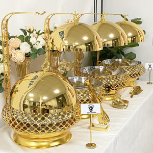 ที่อุ่นอาหารสำหรับงานแต่งงานงานปาร์ตี้จานอุ่นอาหารสีทองหรูหราแฟนซีพร้อมฝาปิดสีทองแบบแขวน - Product Image 1