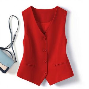 Nouveau Gilet Élégant Col V Simple Boutonnage Formel Affaires Gilet de Costume Femme Tendance Rouge Vintage - Product Image 1