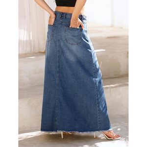 Jupe longue en jean vintage personnalisée pour femme, taille haute, coupe trapèze, ourlet effiloché, avec poches - Product Image 5