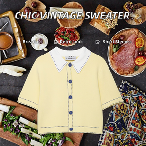 PB&ZA <b>Women</b> 2025 New Fashion Woven <b>Cardigan</b> Single Breasted Autumn Vintage <b>Short</b> <b>Sleeve</b> Outerwear Sweater Stitching Chic Tops - Product Image 2