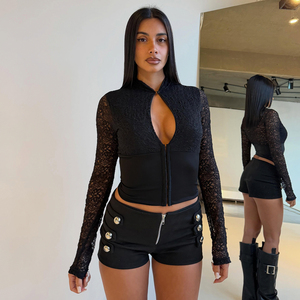 Top Corto de Manga Larga con Cuello Alto y Encaje Calado, Botones Ocultos, Nuevo Estilo Chino, Sexy y Ajustado, Ideal para Combinar en Capas - Product Image 2