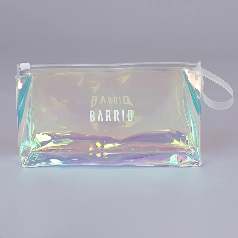 Bolsa de plástico para cosméticos, bolsa de PVC con cremallera holográfica láser, cierre de cremallera, Impresión de logotipo personalizado