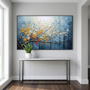 Peinture abstraite minimaliste bleue texturée, motif floral, grande peinture à l'huile peinte à la main sur toile avec <span class=keywords><strong>art</strong></span> mural texturé - Product Image 6