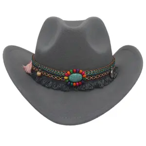 Jazz Trilby Party Formal Top bead Hat Men Women Wide Brim Wool Tribal Felt Fedora Panama Hat with Belt Buckle