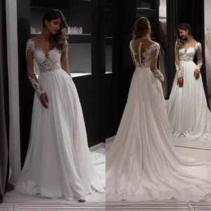 Wedding Dress A-Line Ivory White Sweetheart Neckline Long Sleeves Lace Open Back Slim Fit Natural Waistline - Product Image 1