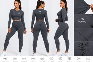 Primora Global Women Seamless <b>Crop</b> <b>Top</b> High Waist Leggings Set Gray Spandex Nylon Breathable 4-Way Stretch Fitness Activewear - Product Image 4