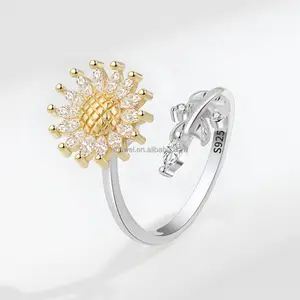 Cincin Bunga Matahari Berputar RFJEWEL Bertatahkan Sedikit dengan Cincin Berlian Bunga Matahari Cincin Makanan Hidup Peri untuk Anak Perempuan