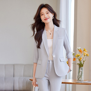 Women's Blue Professional Suit <b>Set</b> Three Quarter Sleeve <b>Blazer</b> Office Lady Spring Anti Wrinkle Polyester Fabric - Product Image 2