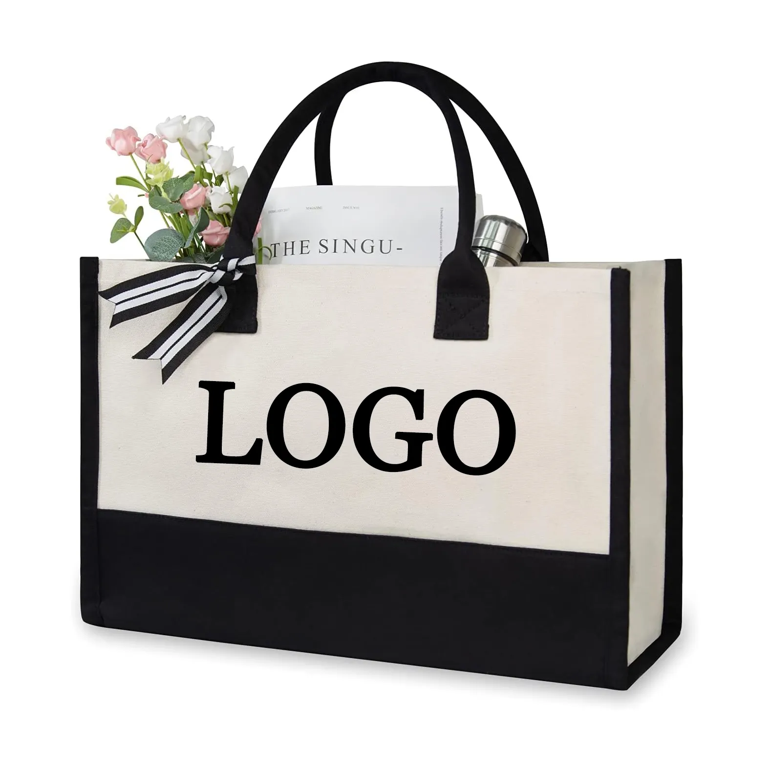 Hot selling Fashion custom printed Color stitching black white Sturdy Beach portable Square bottom recycled cotton bag
