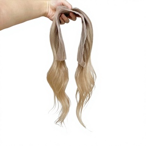 Queue de cheval en cheveux naturels humains, postiche avec base en dentelle PU, extension de cheveux raides blond ombré pour femmes - Product Image 4