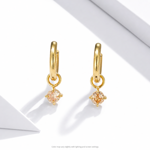 Zircon Drop Hoop <b>Earrings</b> Stainless Steel 14K Gold Vacuum Plated <b>Hinged</b> Hoops with Round Champagne Color Stone Detail - Product Image 1