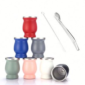 Tasse à maté en acier inoxydable à double paroi de 8 oz avec paille bombilla, tasse à thé en forme de calebasse - Product Image 4