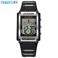 Montre numérique électronique de sport rectangulaire SYNOKE Hangzhou, étanche, lumineuse, 5 BAR, bracelet en cuir PU, grand écran, alarme
