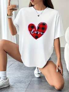 T-shirt da donna taglie forti con stampa Love, girocollo, manica corta, casual, in cotone morbido e traspirante, per San Valentino, primavera estate - Product Image 3