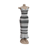 Nouveauté 2024 Robe Cintrée à Bretelles, Tricot Rayé, Décontractée et Sexy, Longueur Mi-Mollet, Robe Portefeuille pour Femme