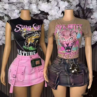 Ensemble deux pièces pour femmes, t-shirt à manches courtes à imprimé animal d'été, mini-jupe, séchage rapide, respirant, streetwear, sport, décontracté