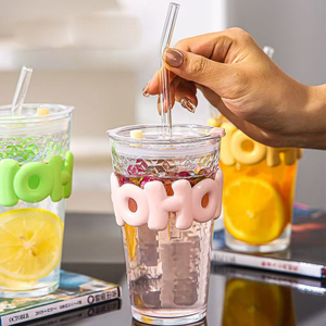 HECION Vasos <span class=keywords><strong>de</strong></span> Vidrio para Oficina, Tazas para Café y Bebidas, Vaso <span class=keywords><strong>de</strong></span> Agua <span class=keywords><strong>de</strong></span> Gran Capacidad con Pajita, Vaso Infantil, Regalos para Amigos, 450ML - Product Image 2