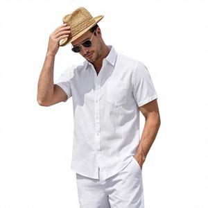 Chemise décontractée blanche à manches courtes pour homme, col boutonné, respirante, en lin/coton Dobby écologique, couleur unie, fermeture boutonnée sur le devant, idéale pour l'été - Product Image 3