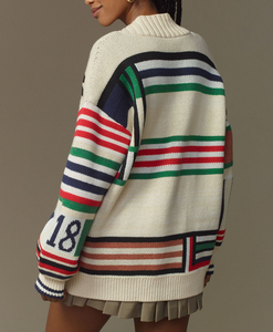 Custom Unisex Oversized Golf Jacquard Cardigan V-Neck Buttoned Heavyweight Ribbed Knitwear Slouchy Sporty <strong>Jumper</strong> - Product Image 4
