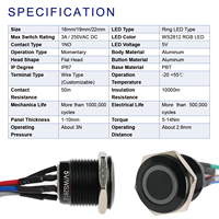 Interrupteur à bouton-poussoir momentané 16mm 19mm 22mm WS2812 LED RGB 1NO avec fils, étanche IP67, tête plate en aluminium, interrupteur tricolore
