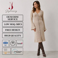 Robe midi élégante Joydressing beige en maille côtelée à col en V, manches longues évasées, simple boutonnage, moulante, OEM ODM