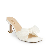 WETKISS En gros Mules à talons hauts pour femme, à bout carré, plissées avec nœud, blanches de mariée, chaussures de mariage, sandales d'été