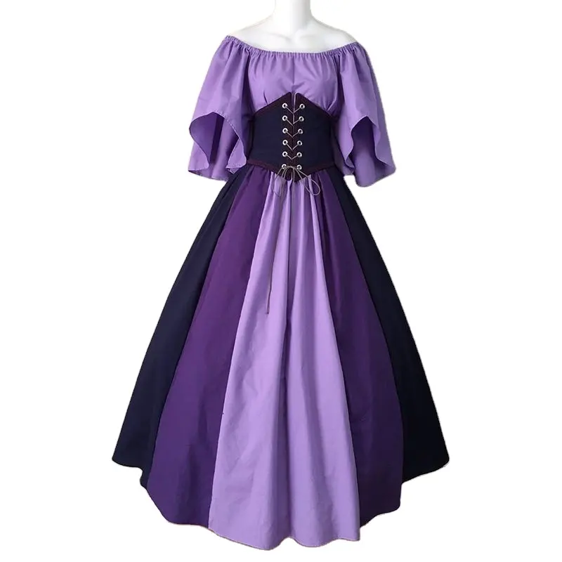 أزياء المرأة عصر النهضة أنيقة فساتين طويلة لون غرزة نصف كم محدد الخصر الرجعية اللباس تأثيري ازياء القرون الوسطى