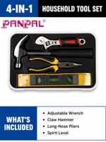 Kit d'outils manuels 4-en-1 pour la maison, marteau à griffes, clé à molette réglable, pince à bec long, niveau à bulle, boîte en plastique, vente en gros, personnalisable