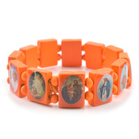 Bracelet en bois avec icônes religieuses, bijoux religieux, bracelet extensible en perles de bois, bracelet catholique chrétien, Saints et icônes