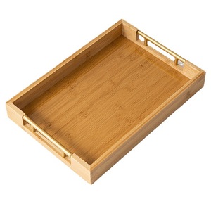 Plateau de service en bambou 38x26,5cm avec poignées métalliques pour usage domestique et hôtelier, design rectangulaire uni - Product Image 4