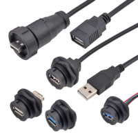 Connecteur femelle USB 2.0 droit étanche IP67/IP68 à clipser, prise PCB 1M2 3m pour panneau arrière