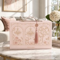 Boîte cadeau rose de luxe avec logo personnalisé, en carton robuste, style vintage, avec pompon en forme de chandelier, vente en gros