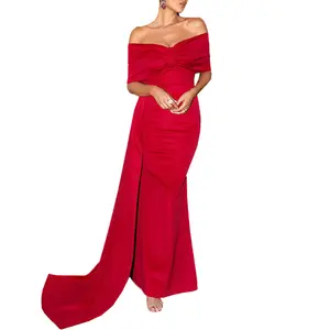 सुरुचिपूर्ण लाल साटन छोटी आस्तीन लंबी लपेटें शाम महिलाओं के ठोस रंग स्ललेस स्ट्रैपलेस उच्च कमर मैसी आकस्मिक कपड़े