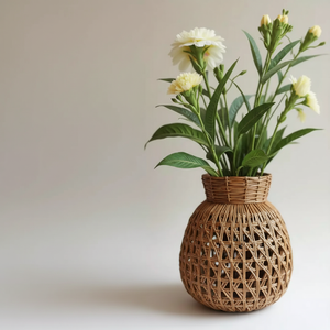 Grand vase à fleurs en rotin avec une construction solide et un look artistique parfait pour afficher de hautes tiges de verdure longues - Product Image 1