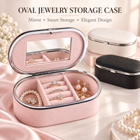 Boîte à bijoux ovale en cuir PU avec logo personnalisé, miroir, cadre en métal, organiseur de bijoux, doublure en velours doux, compartiments personnalisés pour bagues
