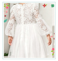 Robe de princesse blanche à manches bouffantes pour filles, robe de demoiselle d'honneur en dentelle et tulle pour enfants, robe de fête et de mariage