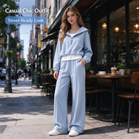 Ensemble de survêtement bleu décontracté printemps 2026 : Nouveau pantalon de jogging taille haute ample et pull deux pièces