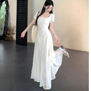 French Square Collar Long Dress Natural Waist Translucent Splicing Irregular Club Wear - Product Image 4