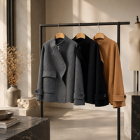 Manteau en laine double face court pour femme, col montant, revers irrégulier, gris, noir, camel, plusieurs coloris disponibles