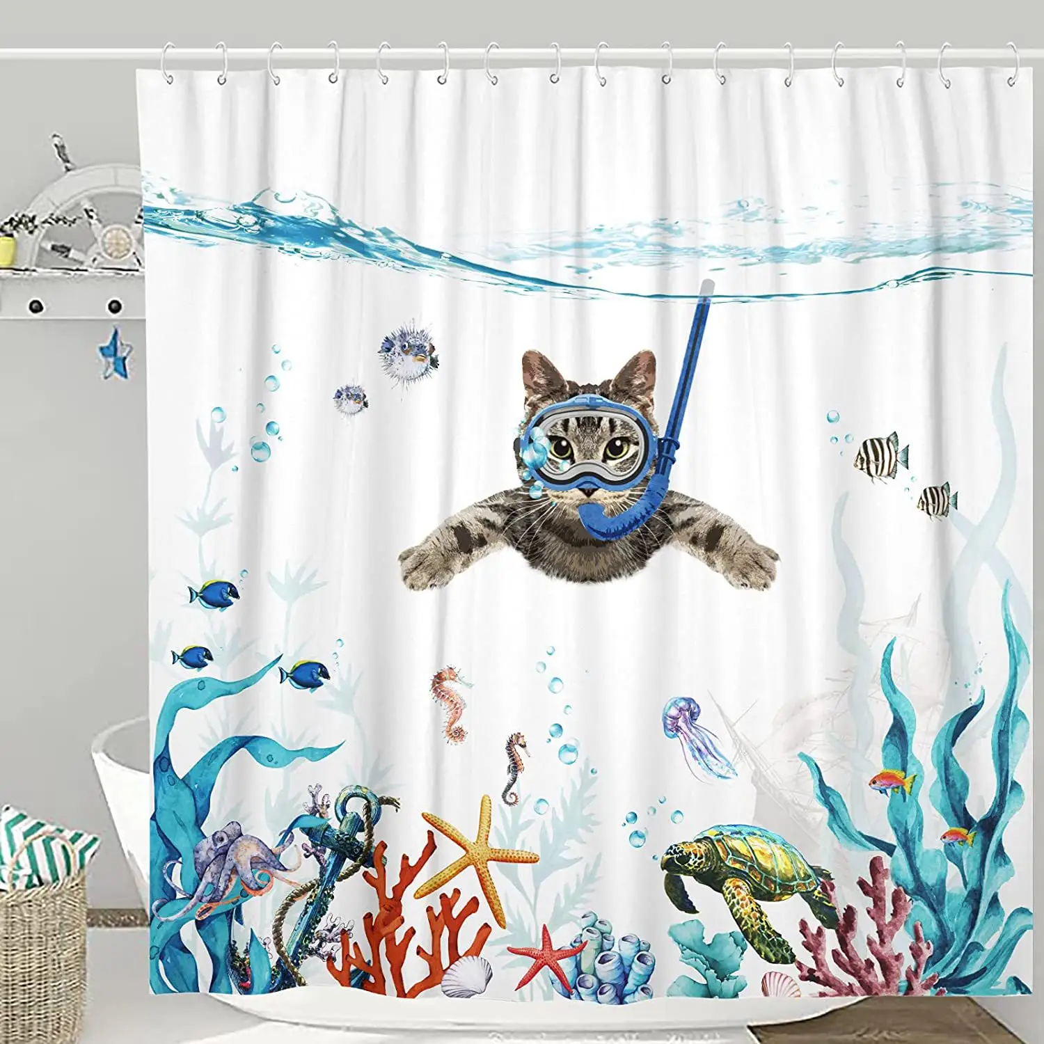 Foto personalizzata 3D Fowocu tende da doccia divertenti per pesci gatto con ganci, tenda da bagno in tessuto impermeabile blu mare oceano/