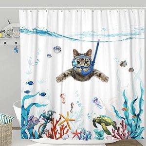 Rideaux de <span class=keywords><strong>douche</strong></span> personnalisés avec <span class=keywords><strong>photo</strong></span> 3D Fowocu, chat amusant, poisson, avec crochets, tissu imperméable bleu océan, <span class=keywords><strong>rideau</strong></span> de salle de bain/ - Product Image 1