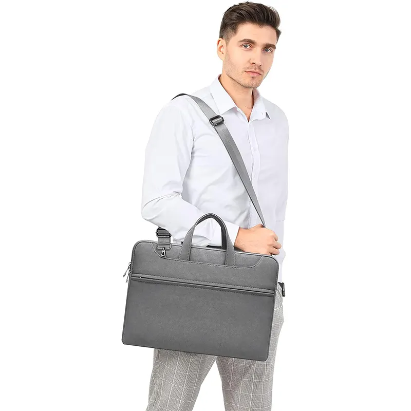 BSLN PU deri dizüstü bilgisayar omuzdan askili çanta kollu küçük kılıf ön fermuarlı cebi su geçirmez 13 inç Notebook çantası