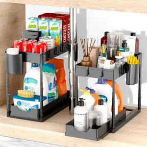 Height Adjustable Sliding Pull Out Cabinet Drawer Organizer Storage Under The Sink Kitchen Bathroom Organizer 2 Tier Under Sink